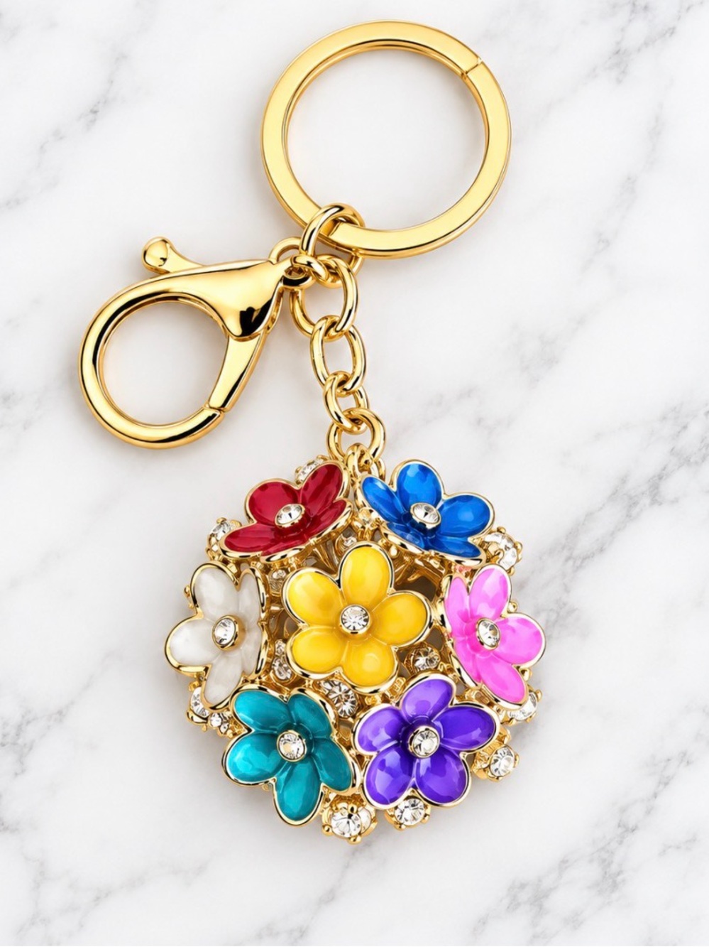 Bag Charm/KeyRing-Colorful Cluster Floral Enamel Charm-Gold Hardware